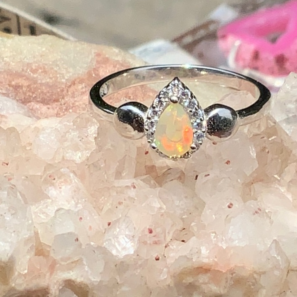PEAR RAINBOW FIRE OPAL & CZ 925 STERLING SILVER RING, SIZE 8